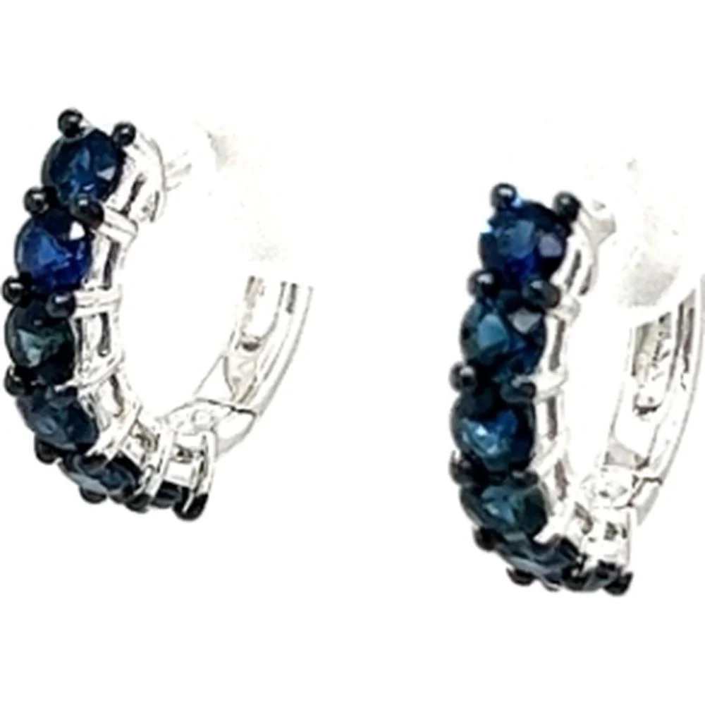 18K White Gold Huggie Earrings with Prong-Set Round Blue Sapphires by Afarin