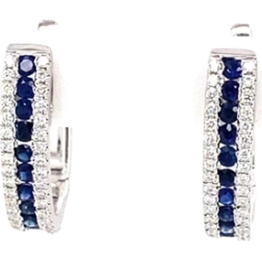 18K White Gold Huggie Earrings with Round Blue Sapphires and Diamond Accents by Afarin