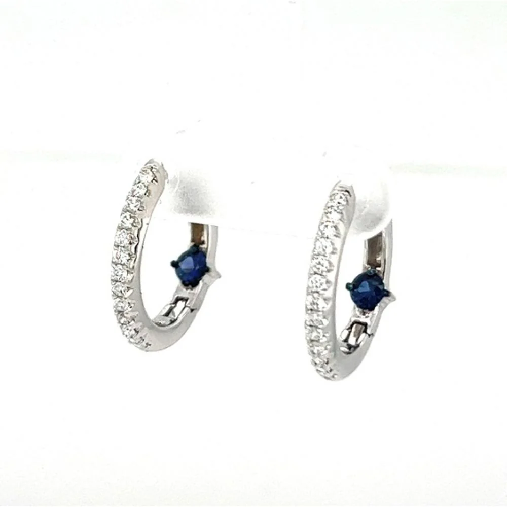 18K White Gold Huggie Earrings with Round Blue Sapphires and Diamond Accents by Afarin