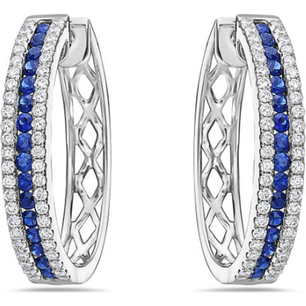 18K White Gold Huggie Earrings with Round Blue Sapphires and Diamond Borders by Afarin