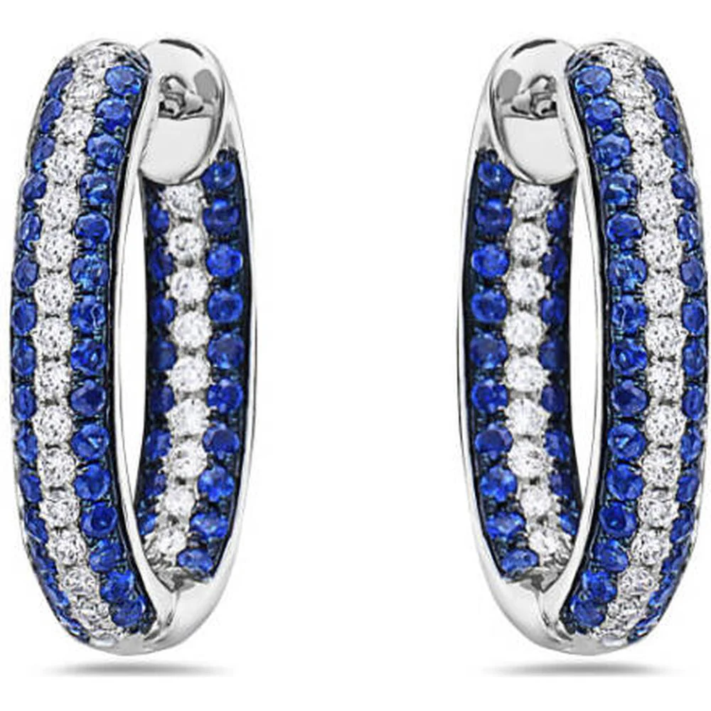 18K White Gold Huggie Earrings with Round Blue Sapphires and Diamonds by Afarin