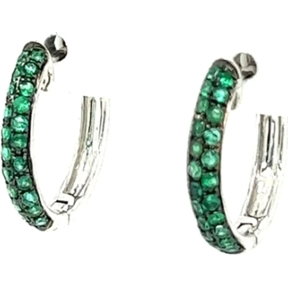 18K White Gold Huggie Earrings with Round Emeralds by Afarin