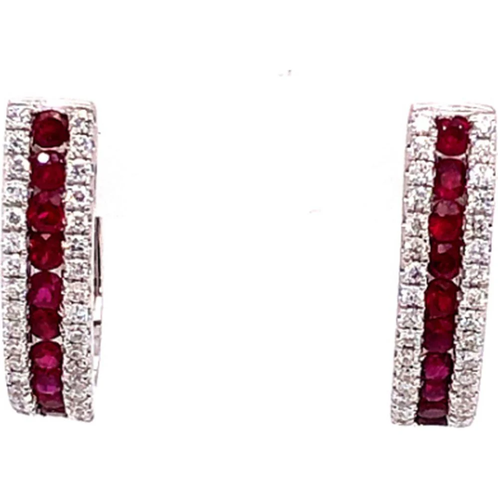 18K White Gold Huggie Earrings with Round Rubies and Diamond Accents by Afarin
