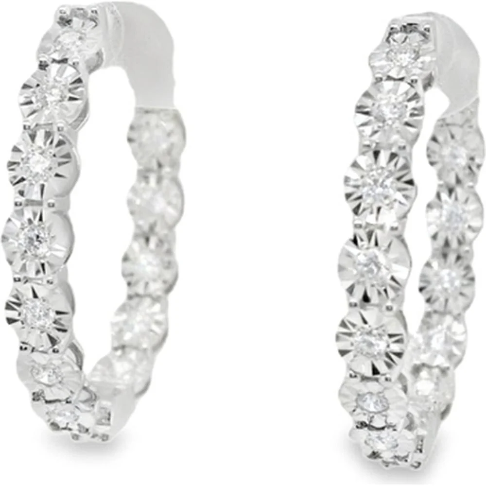 18K White Gold Inside-Out Diamond Huggie Hoop Earrings with Round Diamonds by Afarin