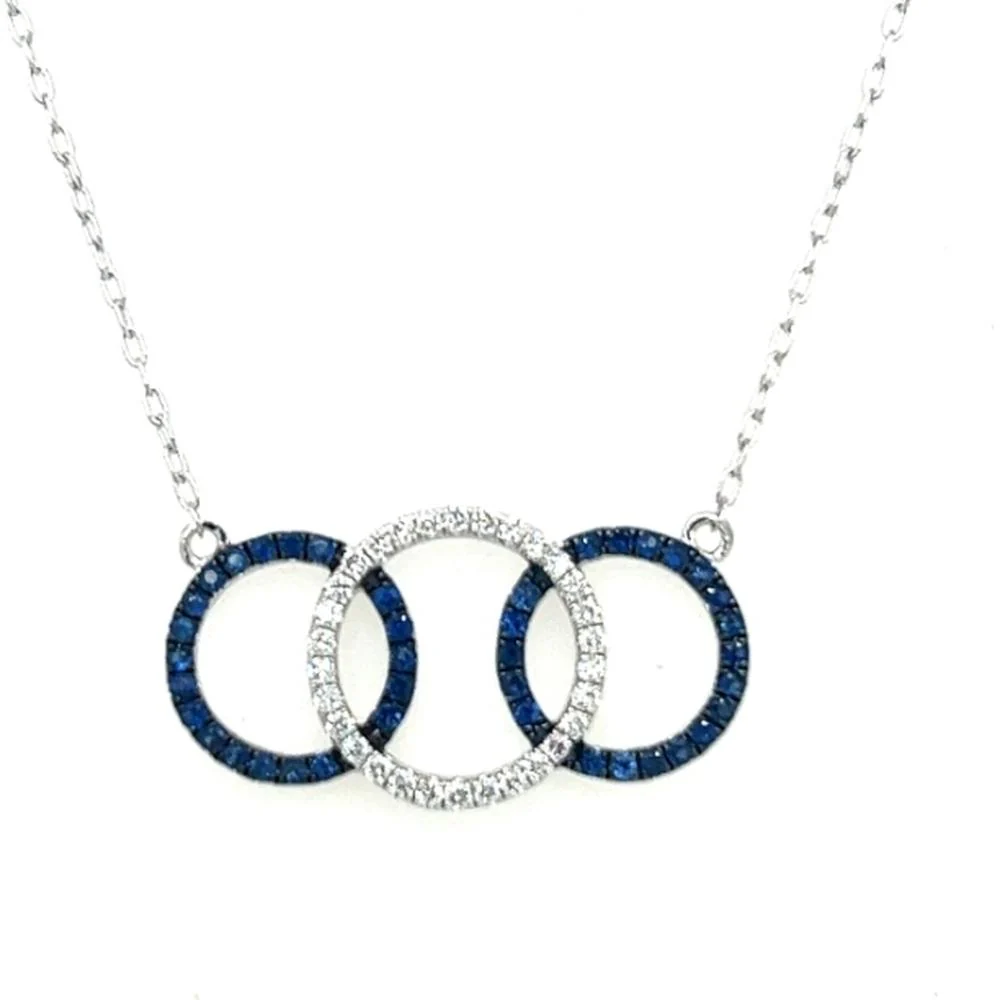 18K White Gold Interlocking Circle Necklace with Blue Sapphires and Diamonds by Afarin