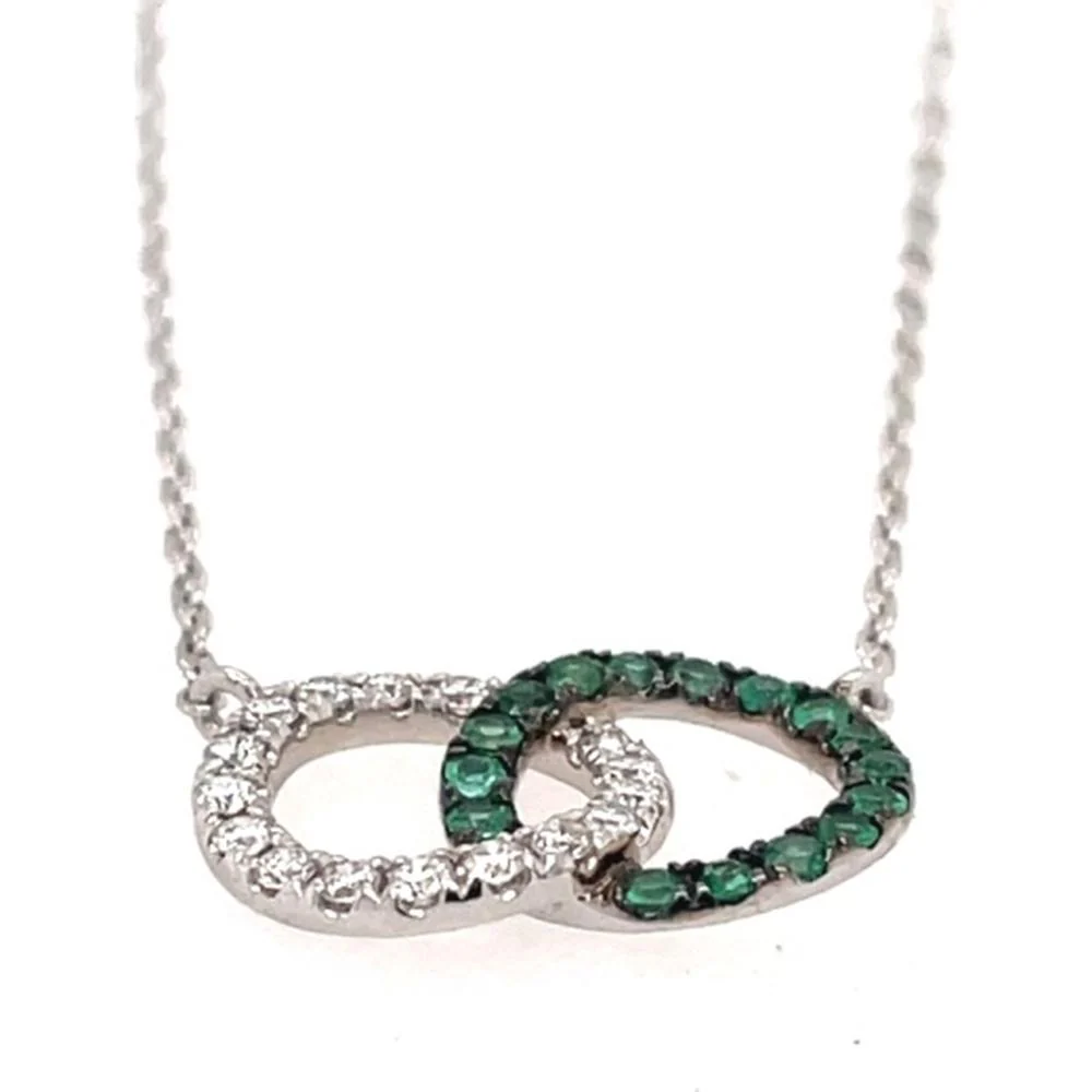 18K White Gold Interlocking Circle Pendant Necklace with Diamonds and Emeralds by Afarin