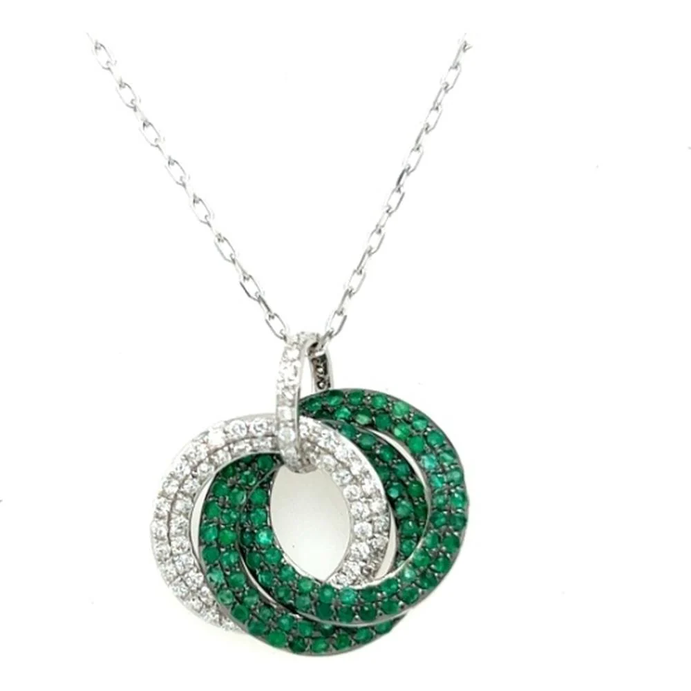 18K White Gold Interlocking Circle Pendant Necklace with Emeralds and Diamonds by Afarin