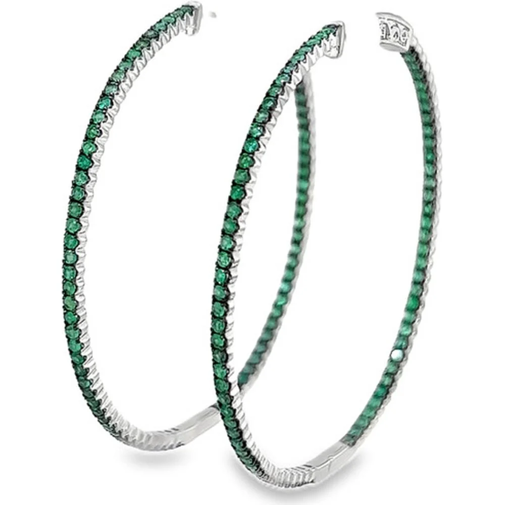 18K White Gold Large Hoop Earrings with Round Emeralds by Afarin