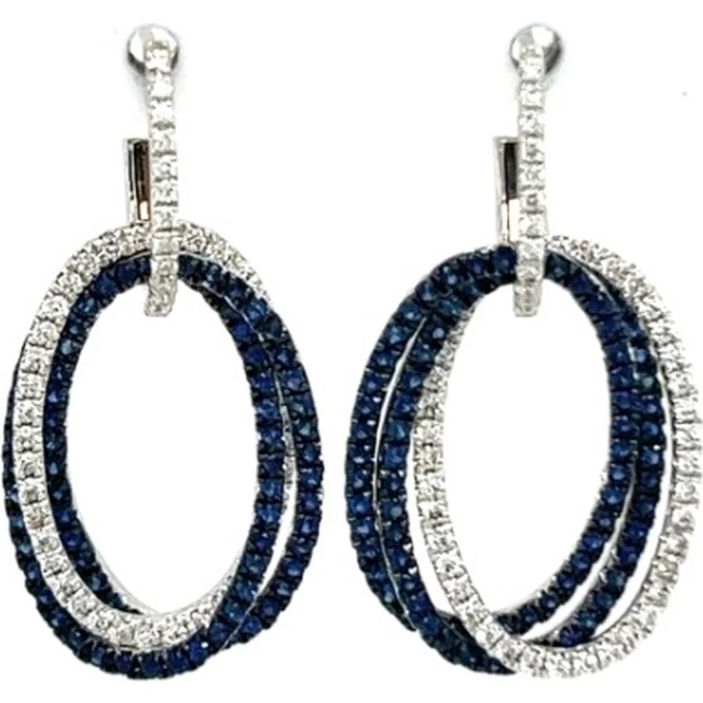 18K White Gold Layered Oval Drop Earrings with Blue Sapphires and Diamonds by Afarin