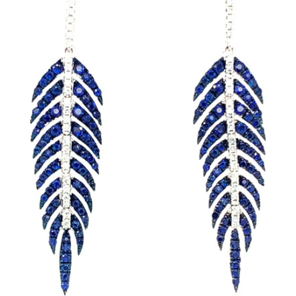 18K White Gold Leaf Drop Earrings with Blue Sapphires and Diamonds by Afarin