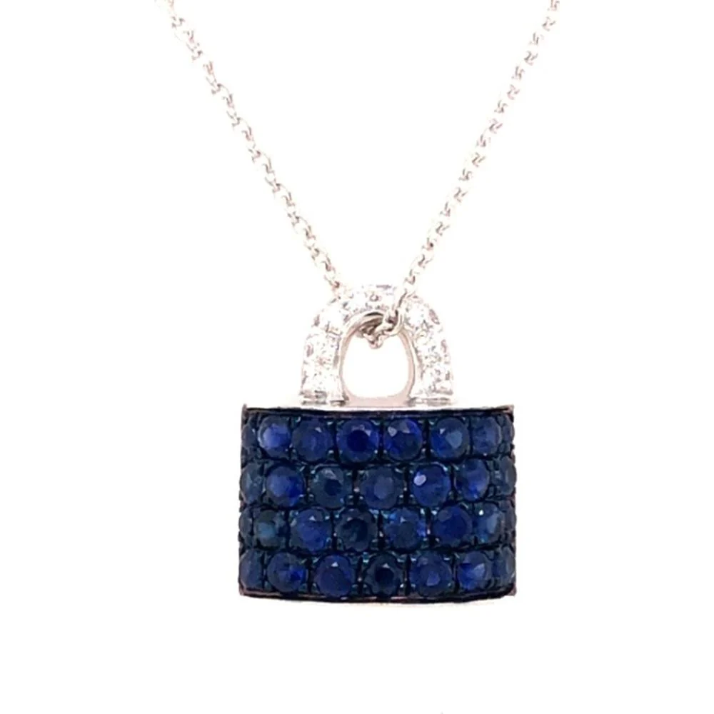 18K White Gold Lock Pendant Necklace with Blue Sapphires and Diamond Accents by Afarin