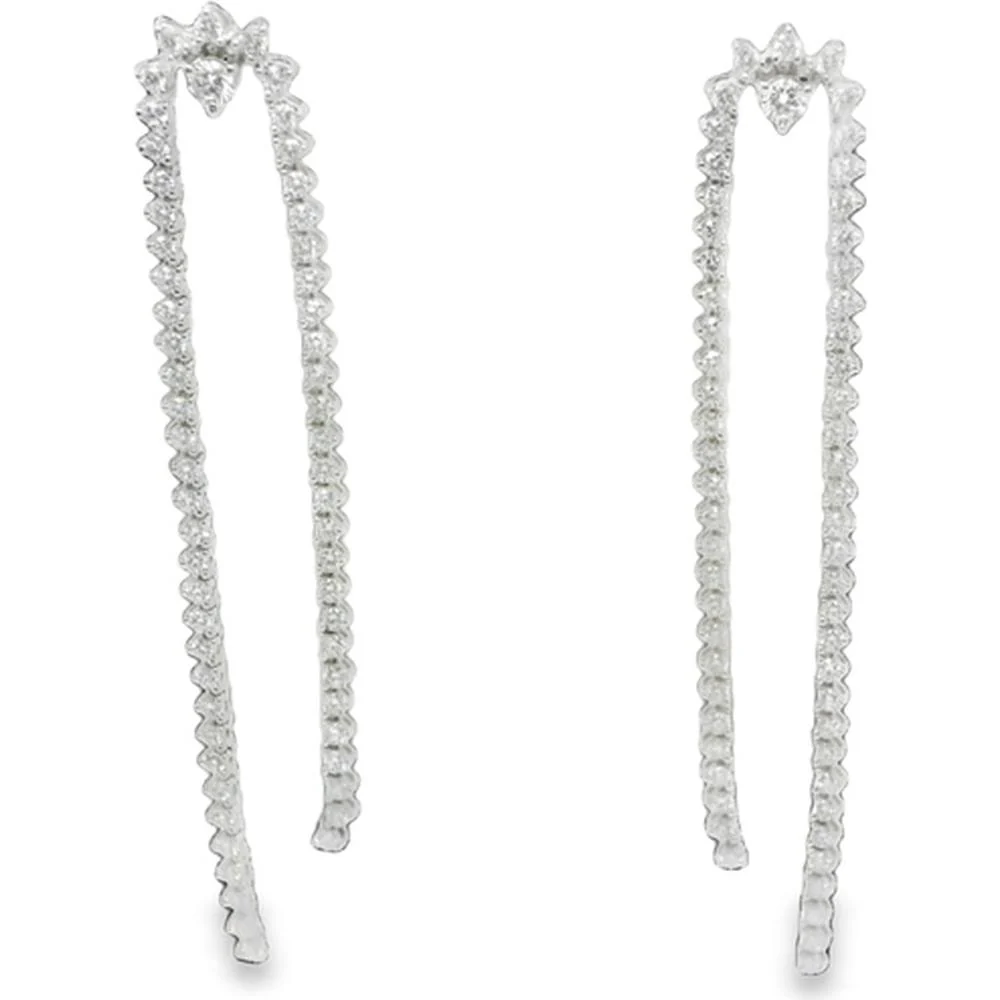 18K White Gold Long Diamond Drop Earrings with Floral Star Tops by Afarin
