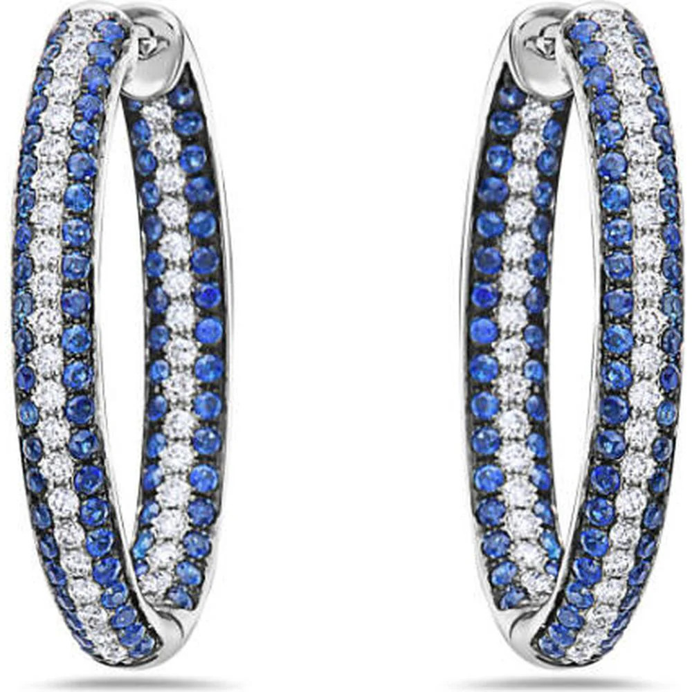 18K White Gold Medium Hoop Earrings with Blue Sapphires and Round Diamonds by Afarin