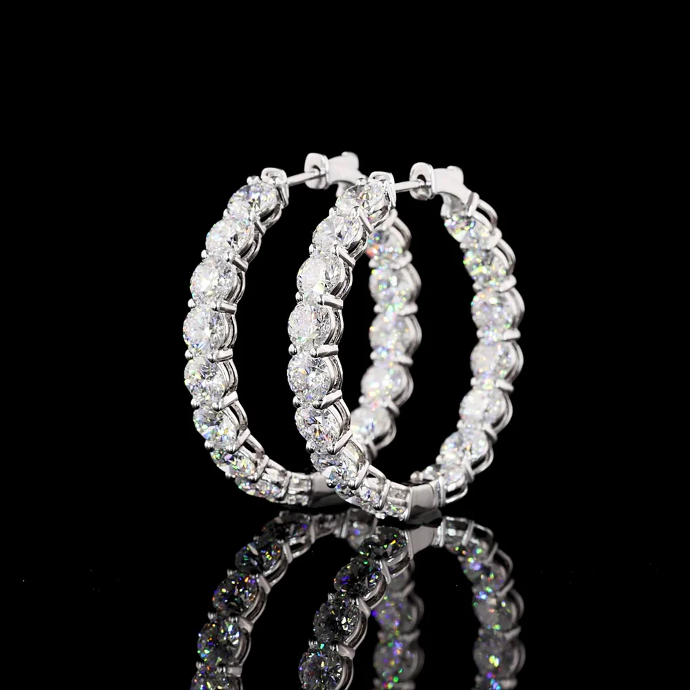 18K White Gold Medium Hoop Earrings with Prong Set Round Brilliant Lab Diamonds - 10.80 Carat Total Diamond Weight - Covaloro Fine Jewelry - Image 3