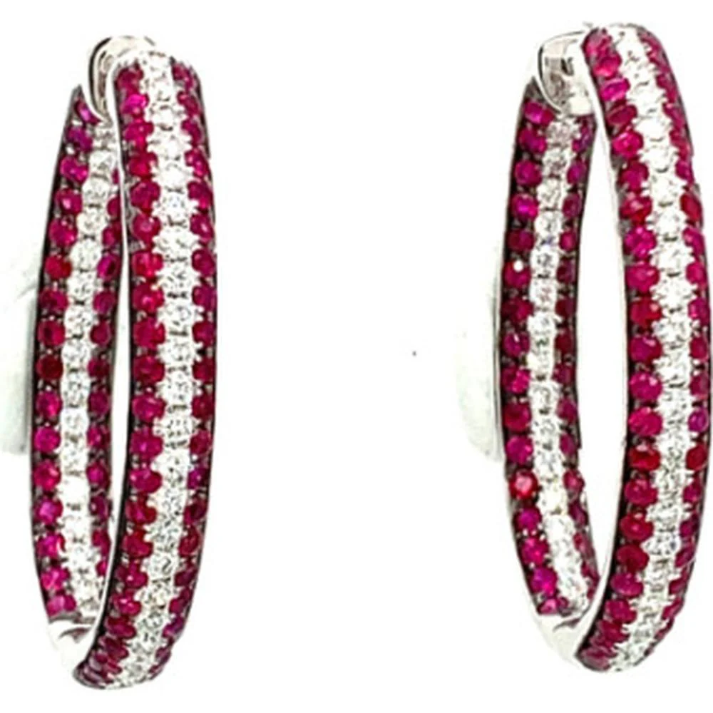 18K White Gold Medium Hoop Earrings with Round Rubies and Diamonds by Afarin