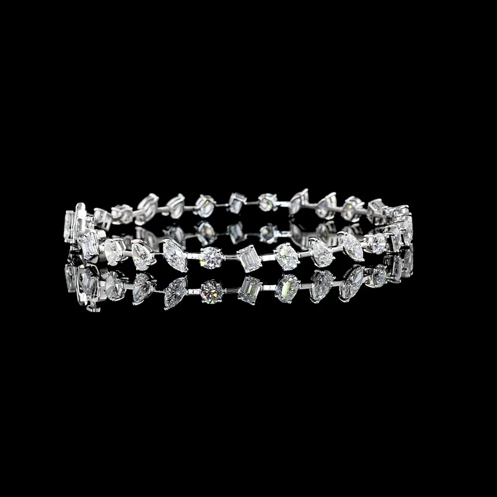 18K White Gold Mixed Shape Station Bracelet with 29 Lab-Grown Diamonds (Emerald, Round, and Marquise) - 6.00 Carats Total Diamond Weight - Covaloro Fine Jewelry