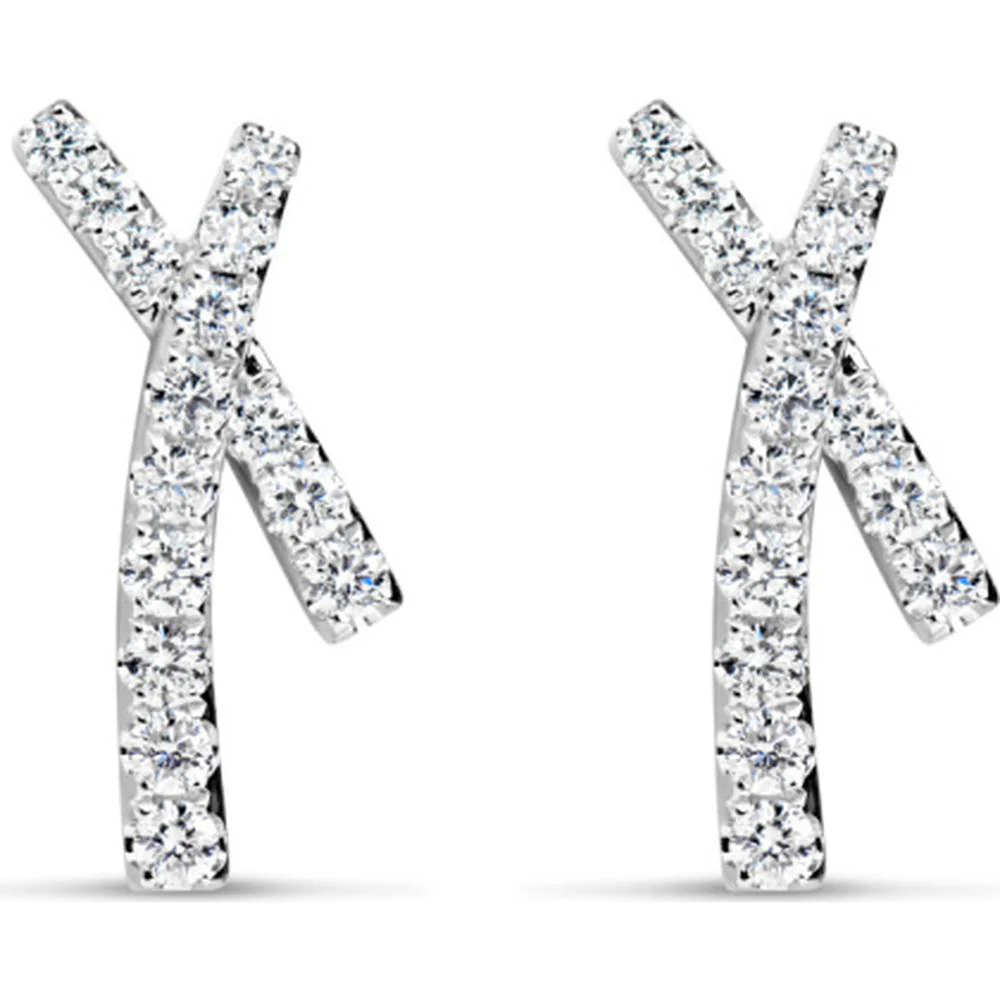 18K White Gold Modern Crossed Drop Earrings with Round Diamonds by Afarin