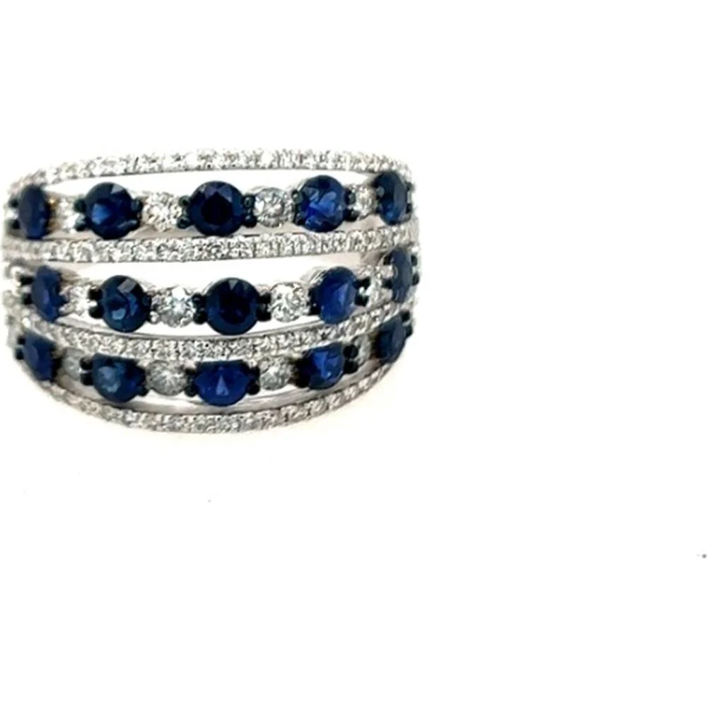 18K White Gold Multi-Row Band Ring with Round Blue Sapphires and Diamond Accents by Afarin