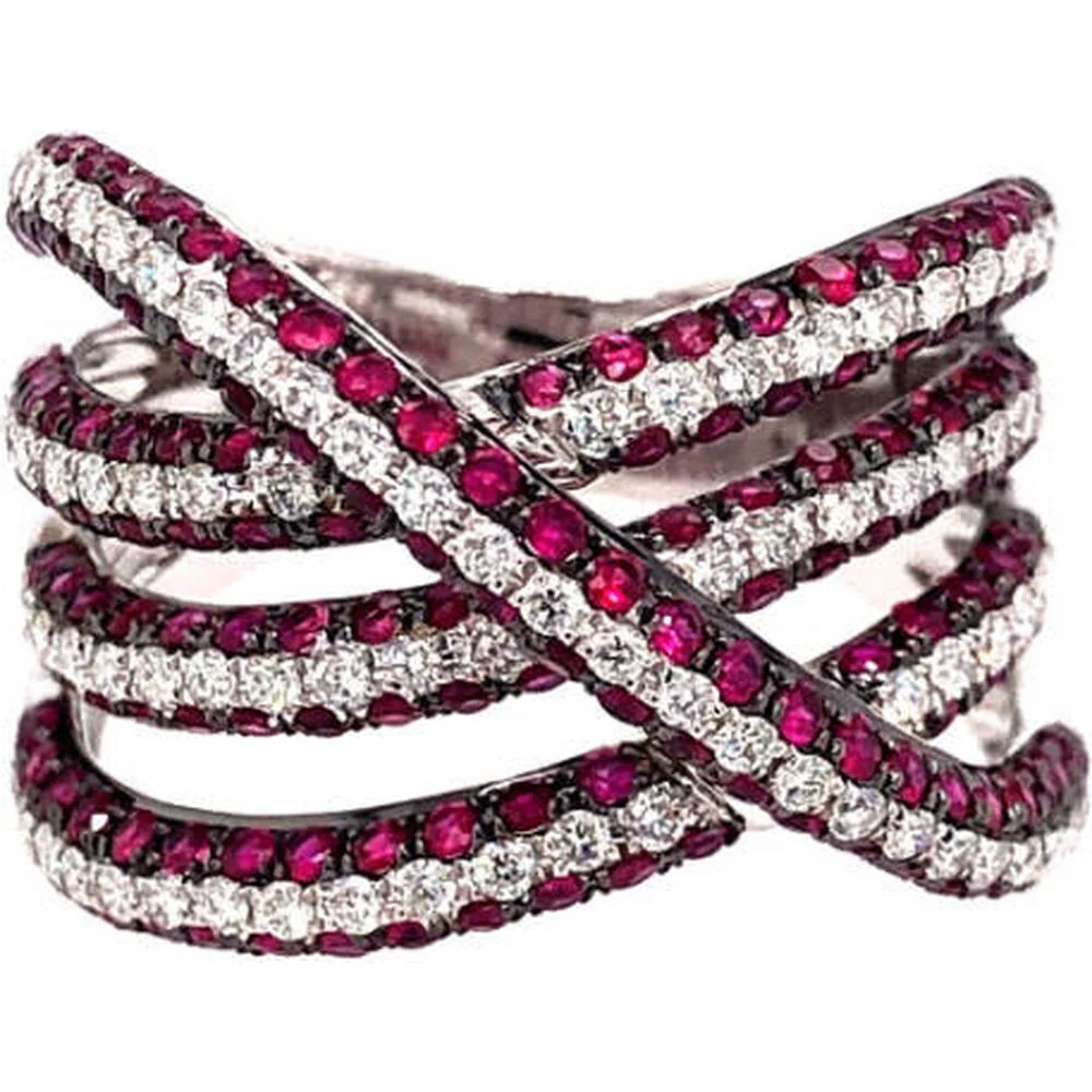 18K White Gold Multi-Row Crossover Ring with Rubies and Diamonds by Afarin