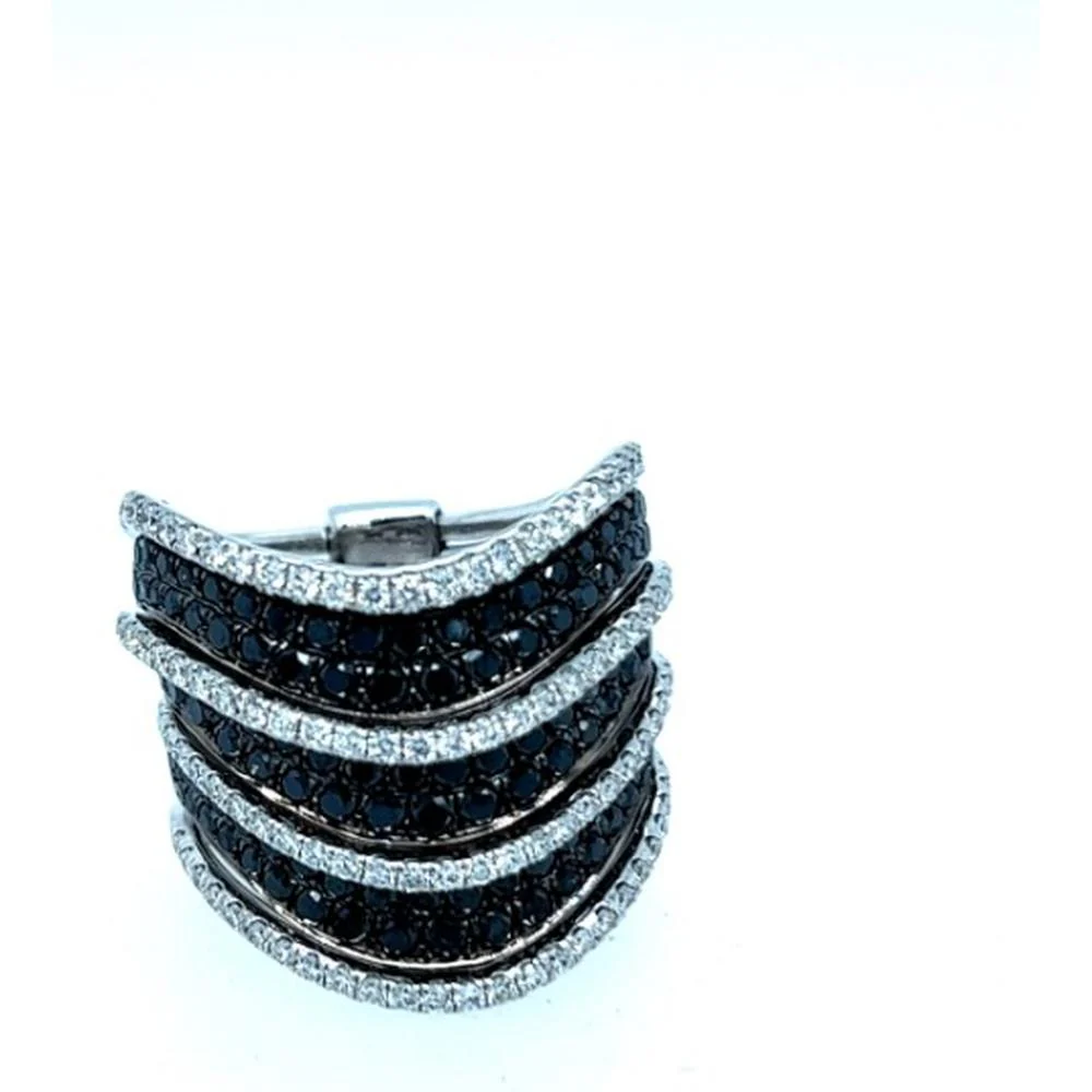 18K White Gold Multi-Row Statement Ring with Round Black Diamonds and White Diamond Accents by Afarin
