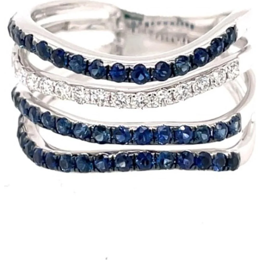 18K White Gold Multi-Row Wrap Ring with Round Blue Sapphires and Round Diamond Accents by Afarin
