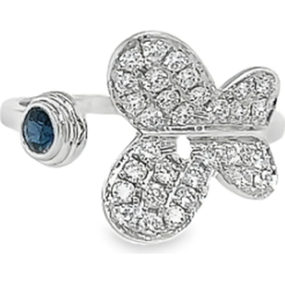 18K White Gold Open Butterfly Ring with Round Diamonds and Blue Sapphire Accent by Afarin
