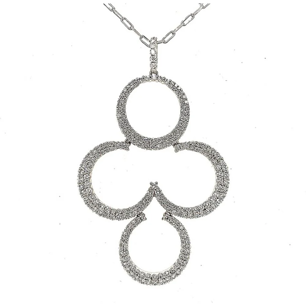 18K White Gold Open Circle and Clover Motif Diamond Pendant Necklace by Afarin