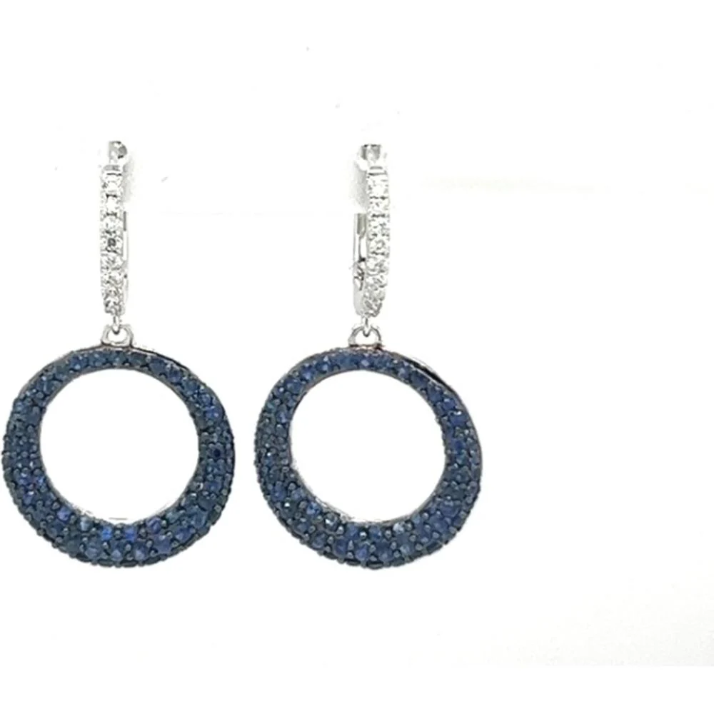 18K White Gold Open Circle Drop Earrings with Blue Sapphires and Diamond Huggie Tops by Afarin