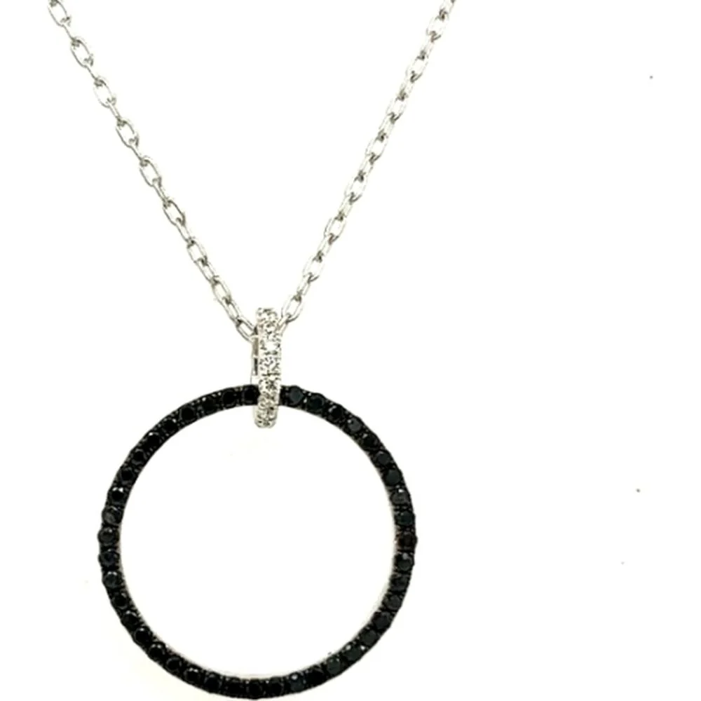 18K White Gold Open Circle Pendant Necklace with Black Diamonds by Afarin