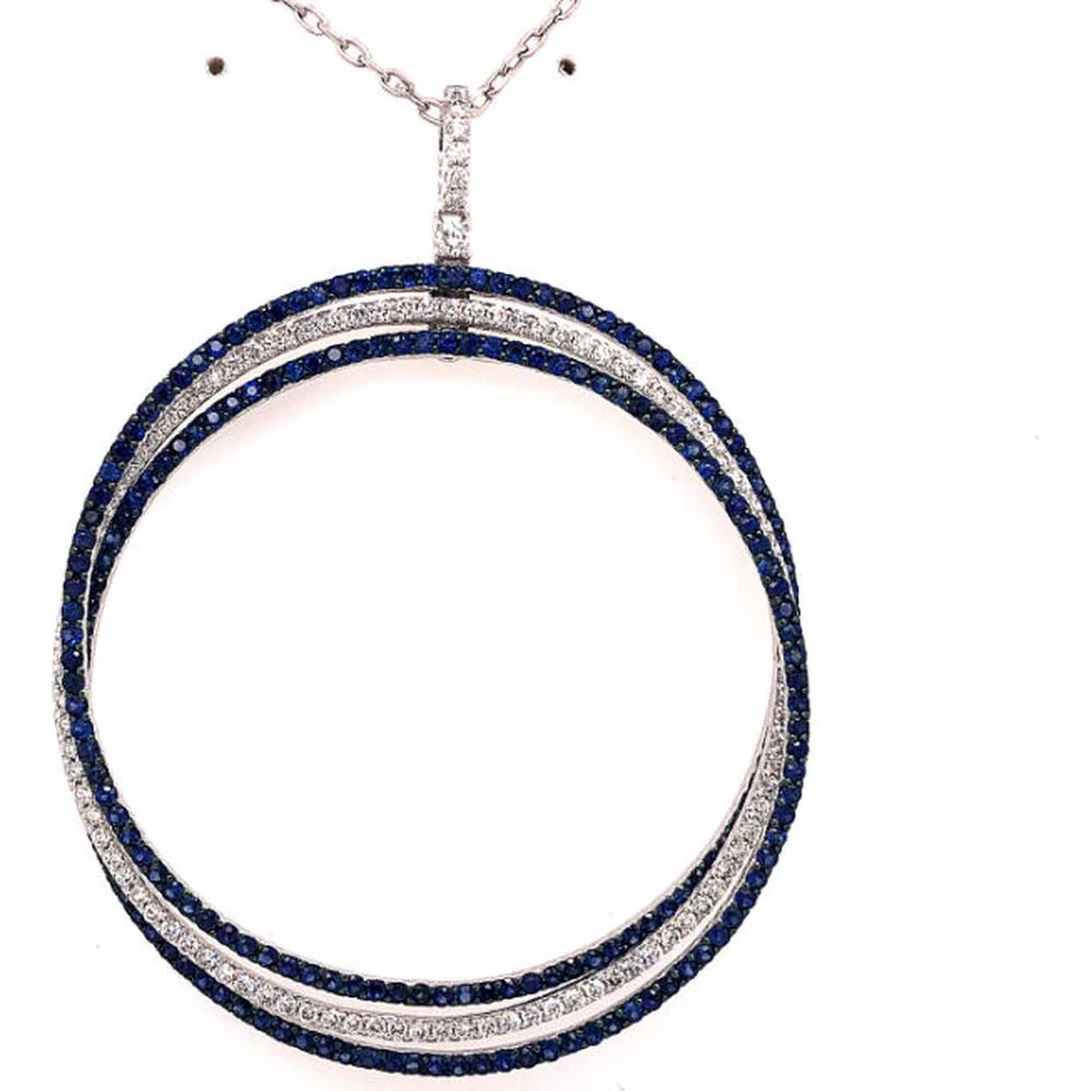 18K White Gold Open Circle Pendant Necklace with Blue Sapphires and Diamonds by Afarin