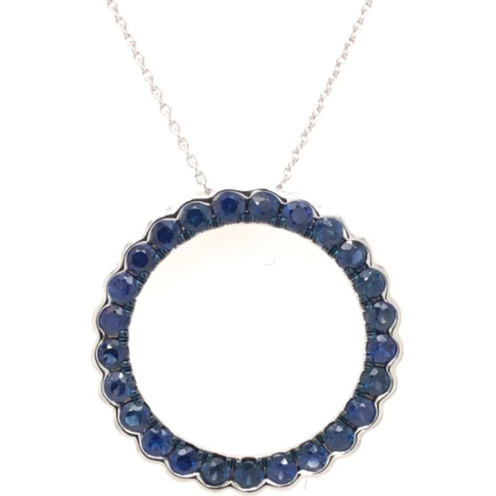 18K White Gold Open Circle Pendant Necklace with Round Blue Sapphires by Afarin