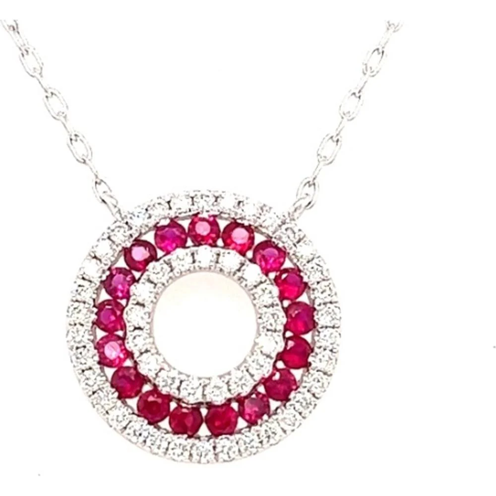 18K White Gold Open Circle Pendant Necklace with Round Rubies and Diamond Halos by Afarin