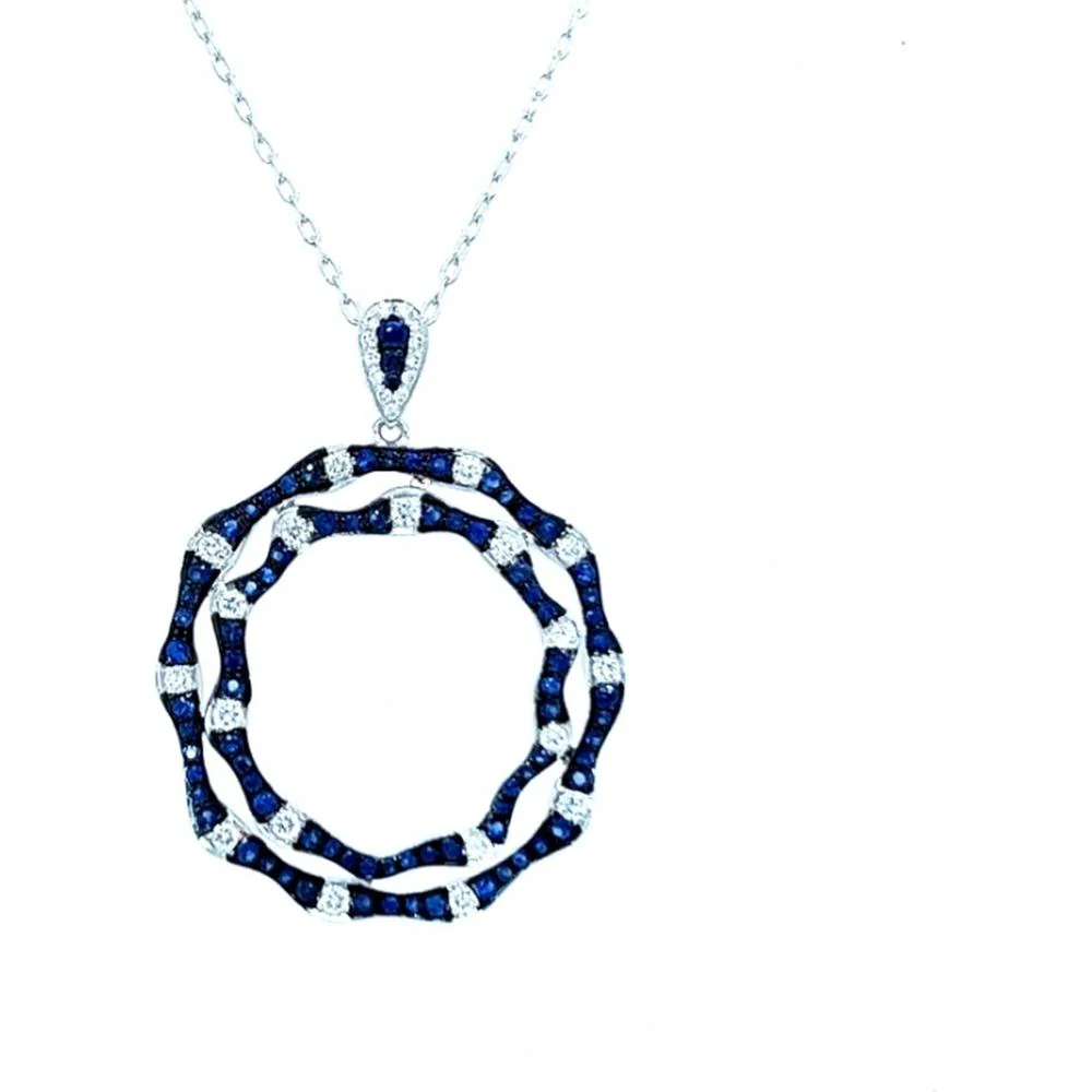 18K White Gold Open Circle Pendant with Blue Sapphires and Round Diamonds by Afarin