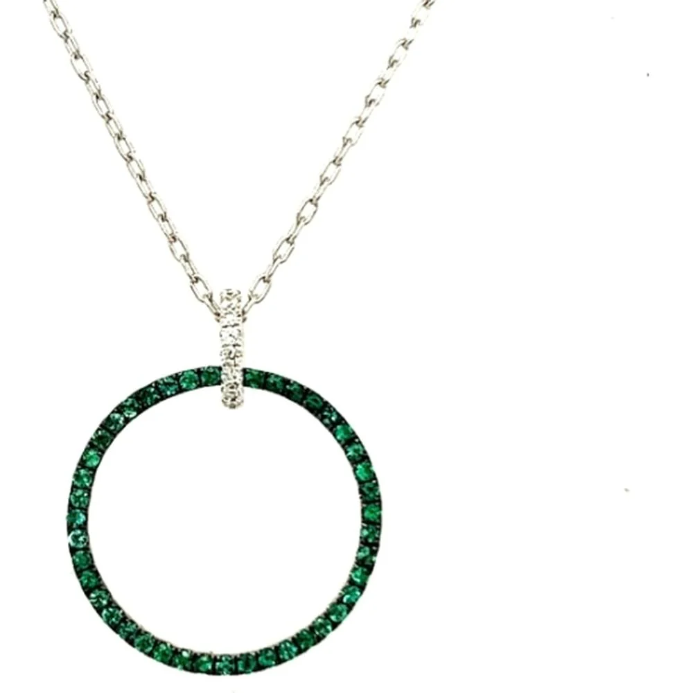 18K White Gold Open Circle Pendant with Emeralds and Diamond Accents by Afarin