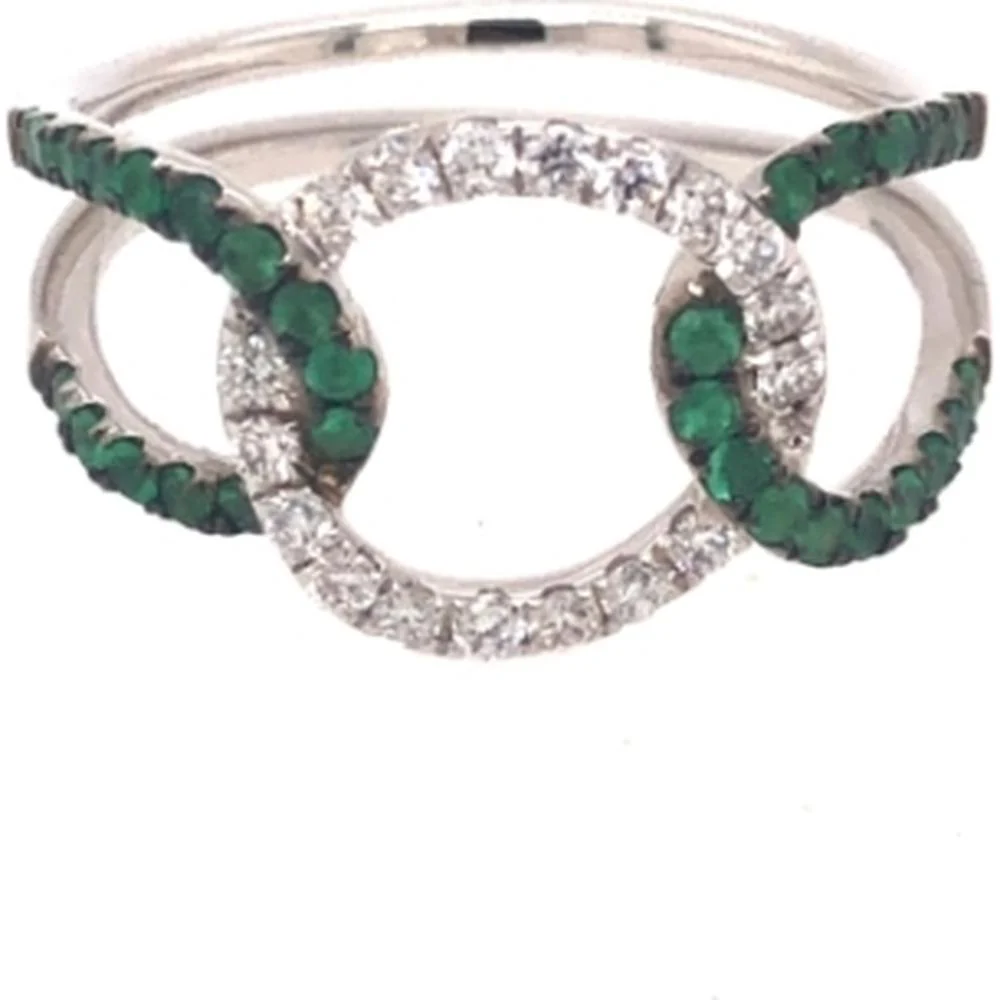 18K White Gold Open Circle Ring with Round Diamonds and Emerald Accents by Afarin