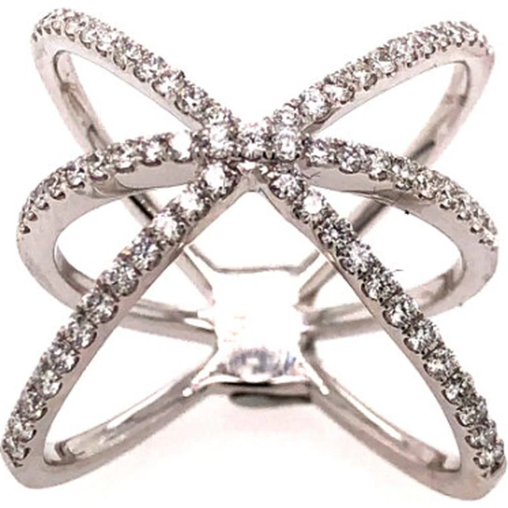 18K White Gold Open Crisscross Ring with Pavé Set Round Diamonds by Afarin