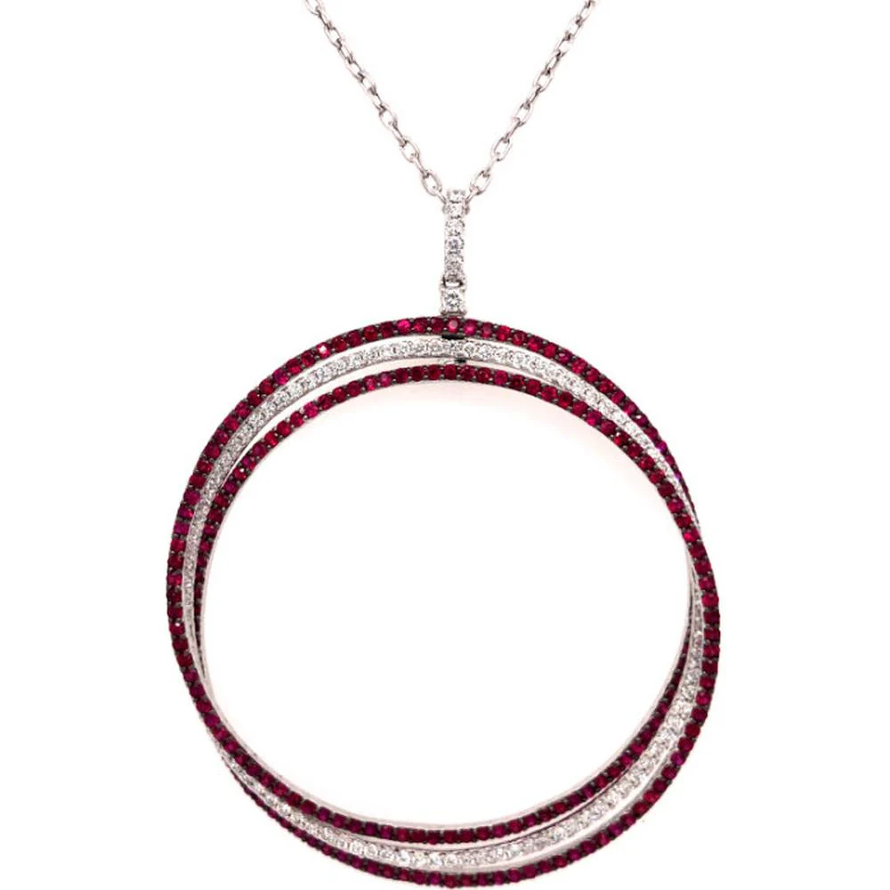18K White Gold Open Double Circle Pendant Necklace with Rubies and Diamonds by Afarin