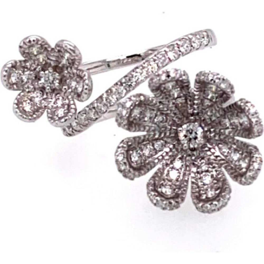 18K White Gold Open Floral Diamond Ring with Pavé Diamond Accents by Afarin