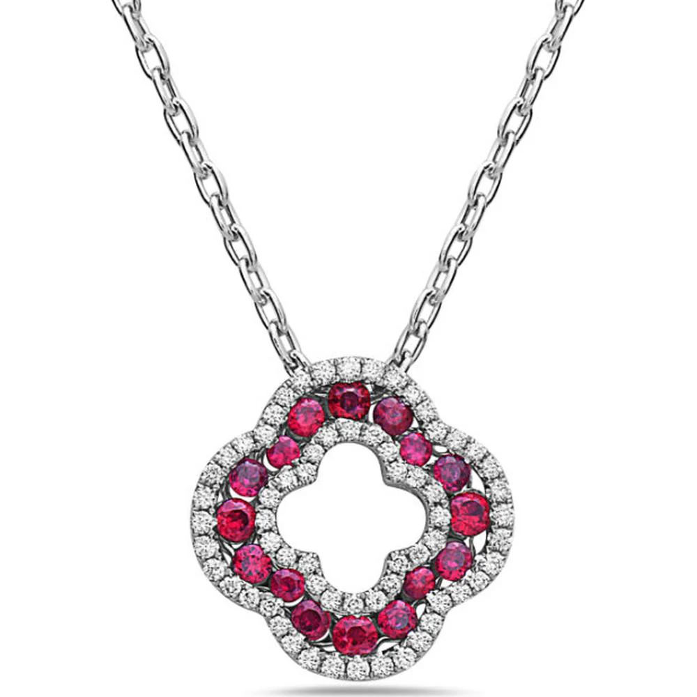 18K White Gold Open Floral Pendant with Round Rubies and Diamond Halo by Afarin