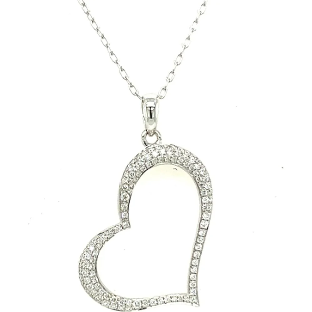 18K White Gold Open Heart Diamond Pendant Necklace by Afarin