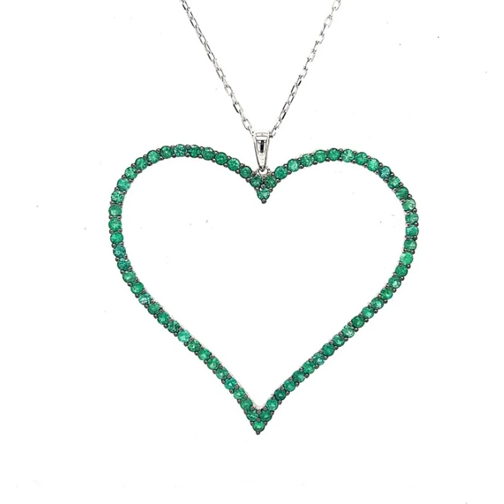 18K White Gold Open Heart Emerald Pendant Necklace by Afarin