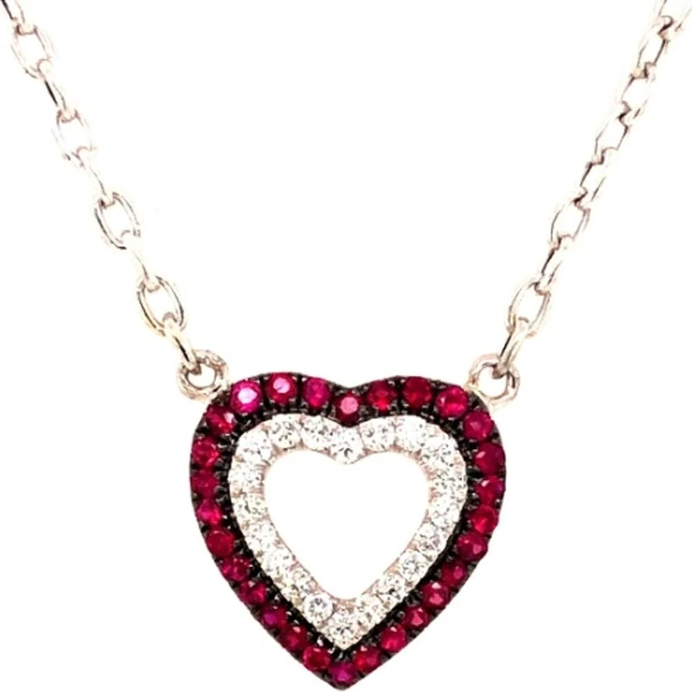 18K White Gold Open Heart Necklace with Rubies and Diamonds by Afarin