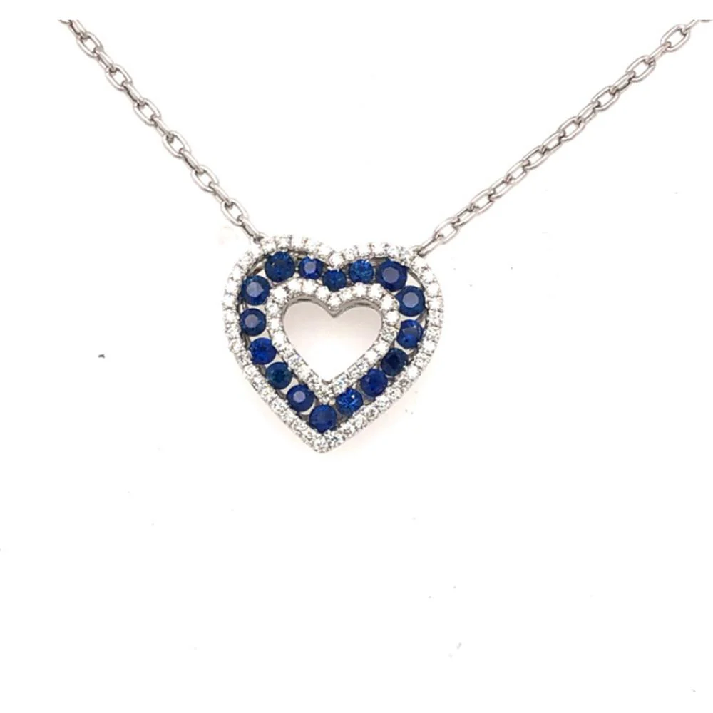 18K White Gold Open Heart Pendant Necklace with Blue Sapphires and Diamond Frame by Afarin