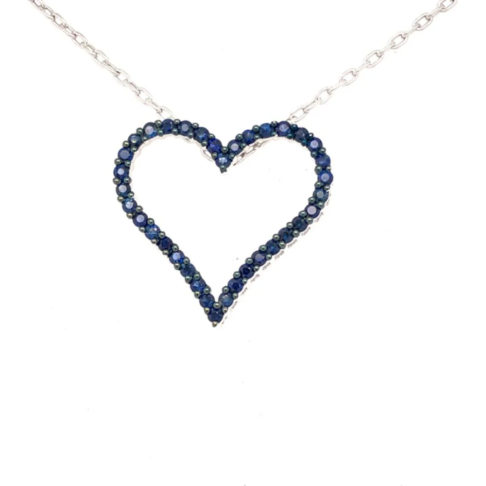 18K White Gold Open Heart Pendant Necklace with Blue Sapphires by Afarin