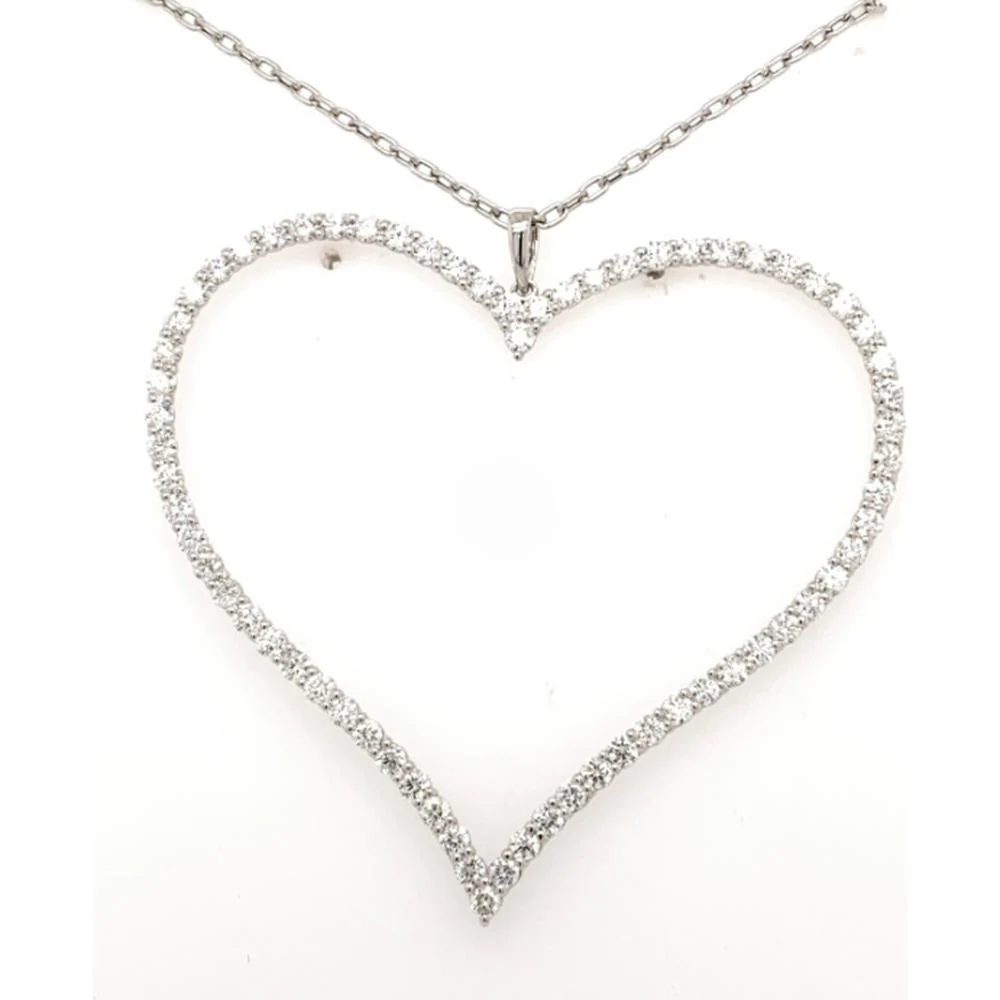 18K White Gold Open Heart Pendant Necklace with Round Diamonds by Afarin