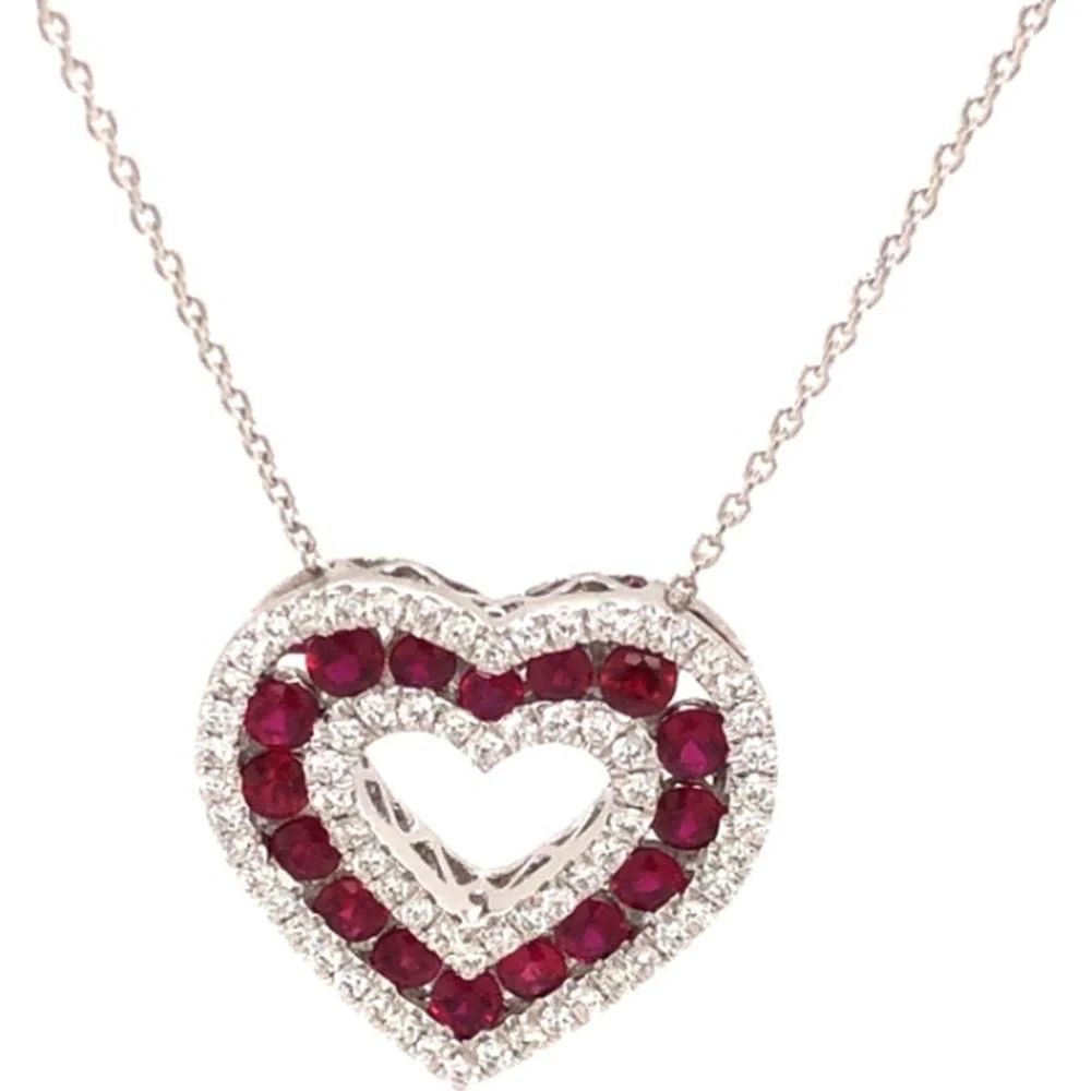 18K White Gold Open Heart Pendant Necklace with Rubies and Diamond Halo by Afarin