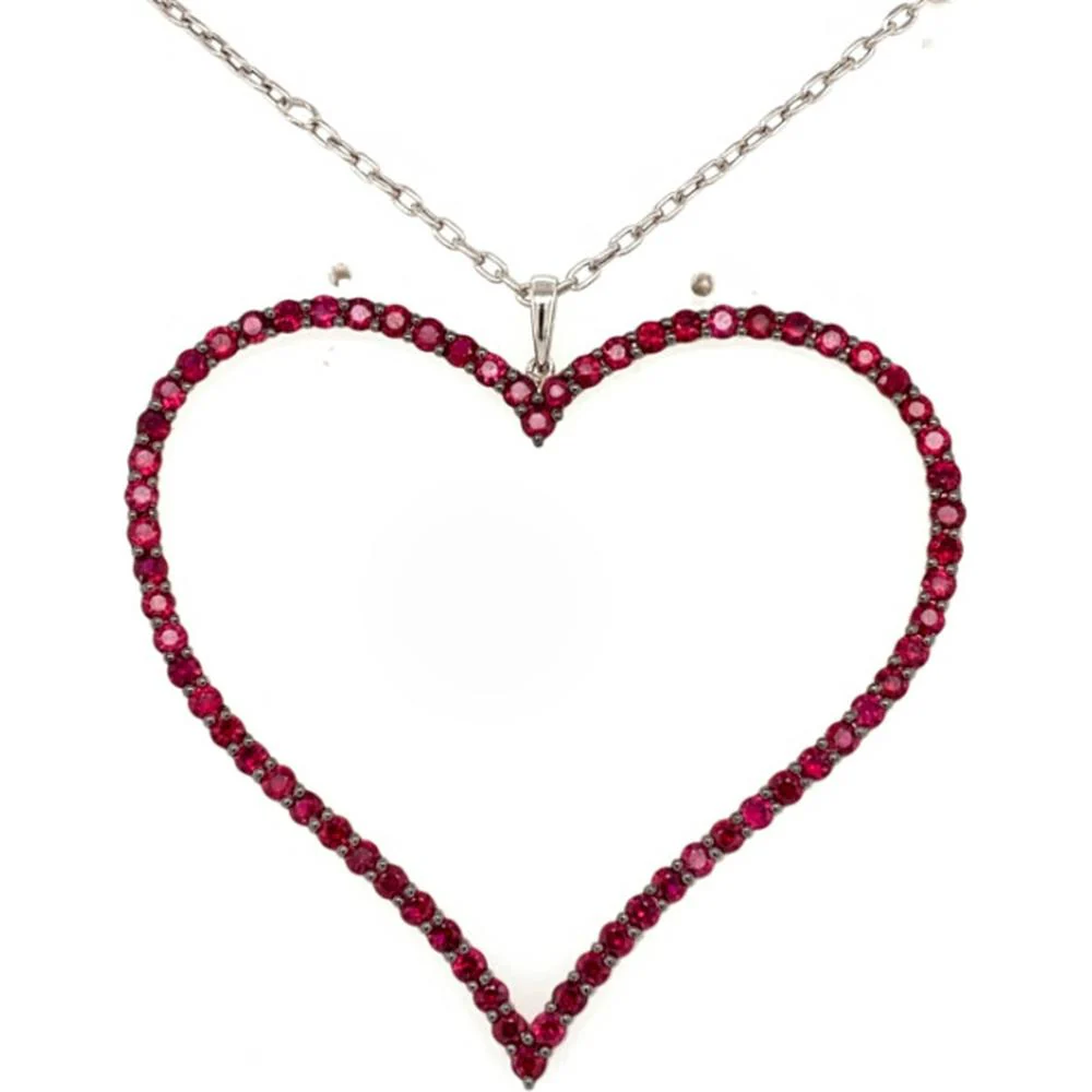 18K White Gold Open Heart Pendant with Rubies by Afarin