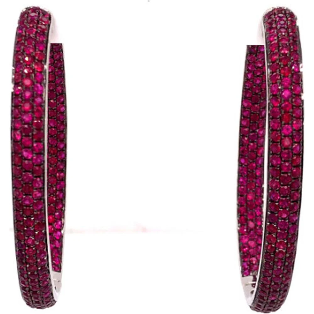 18K White Gold Open Hoop Earrings with Round Rubies by Afarin