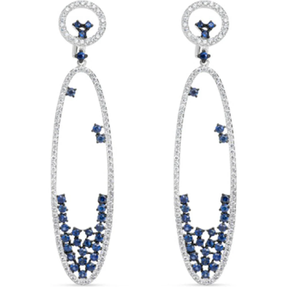 18K White Gold Open Oval Drop Earrings with Diamonds and Blue Sapphires by Afarin