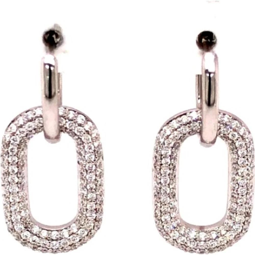 18K White Gold Open Oval Drop Earrings with Pavé Set Diamonds by Afarin